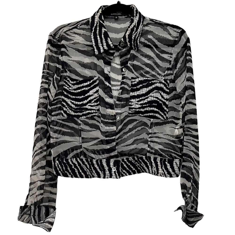 C'EST DUO Black Label Black & White Zebra Print Sheer Jacket Pleat Accents MED